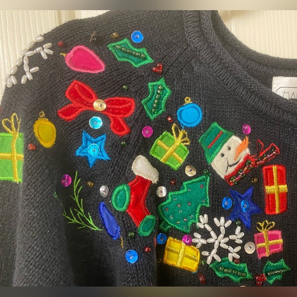 Mandal Bay Festive Black Holiday Cardigan with Colorful Embellishments Size XL - Picture 7 of 16